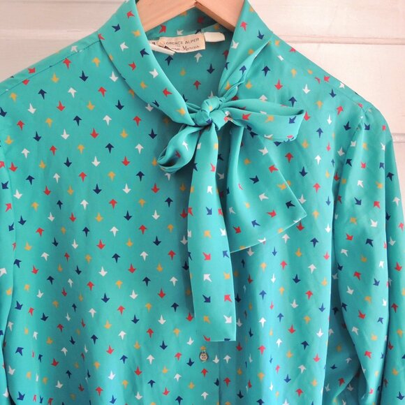Vintage Florence Alper Neiman Marcus Teal Print Bow Blouse 18 (L/XL) - Picture 3 of 10